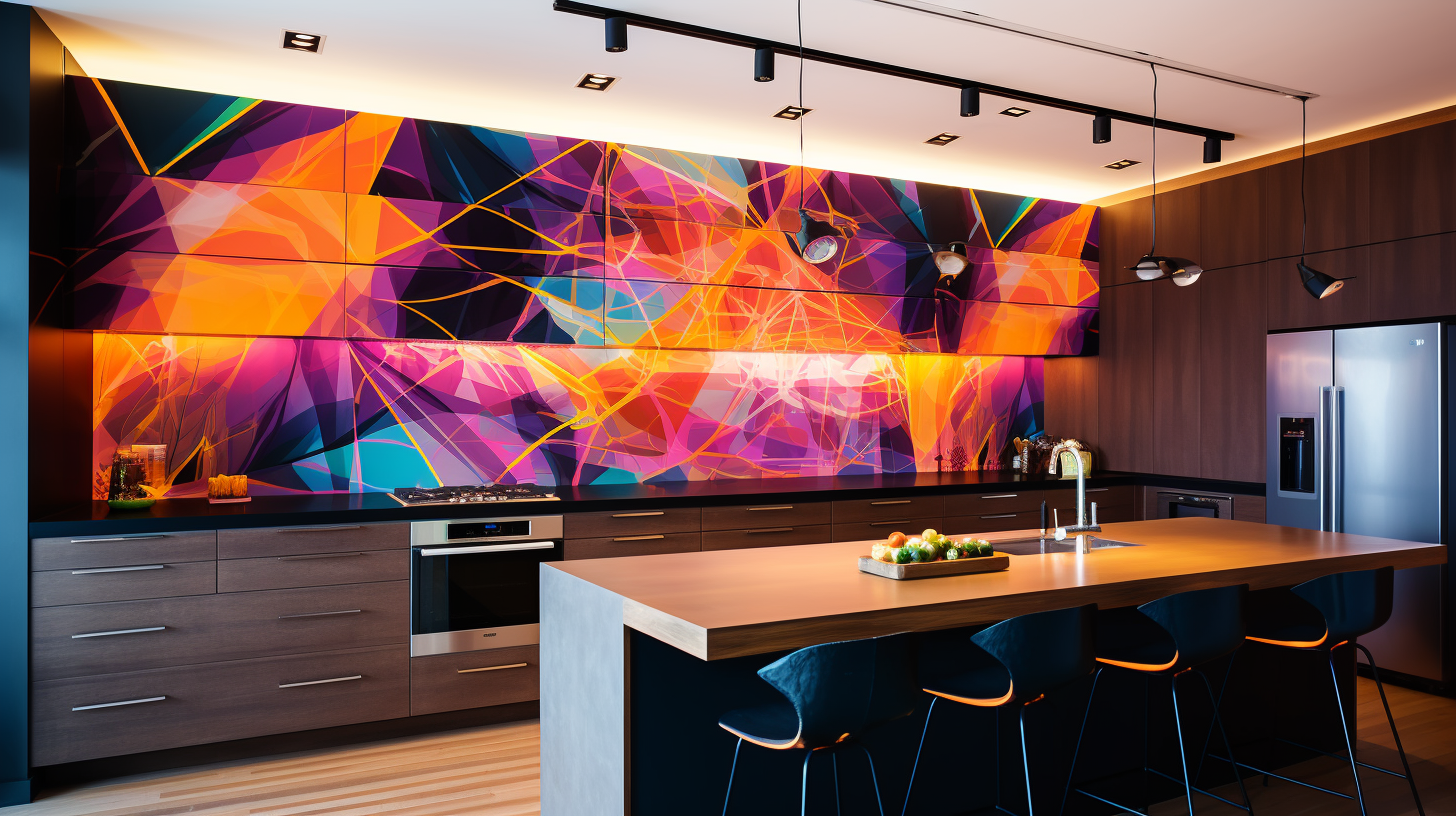 Dark Kitchen with colourful backsplash