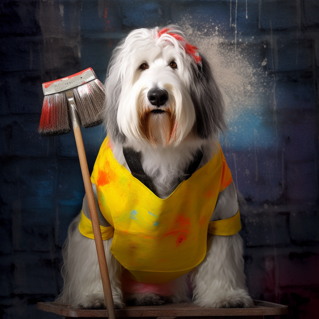 Old English sheepdog dressed as a Malton Yorkshire Painter