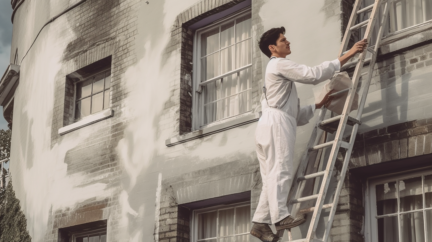 man up a ladder painting
