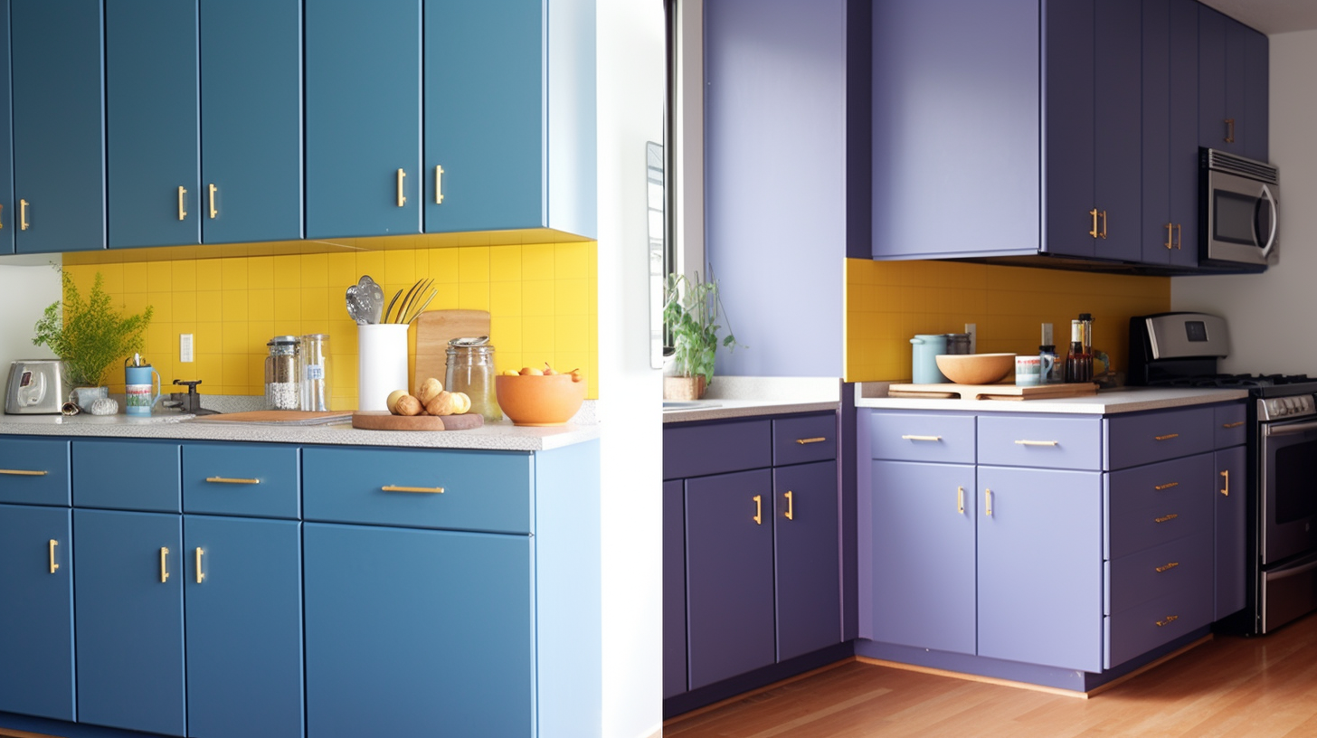 new handles on a repainted blue and yellow kitchen