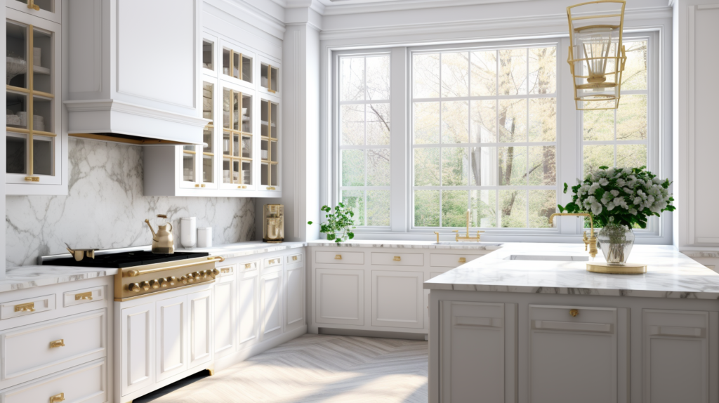 Bling Kitchen Gold handles and White Marble Tops Repainted in a Classic white soft sheen