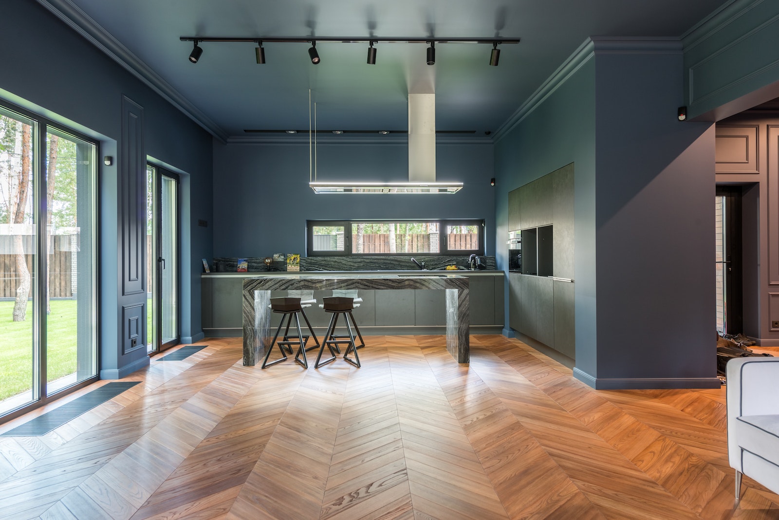 Modern Kitchen Interior with a Parquet Floor