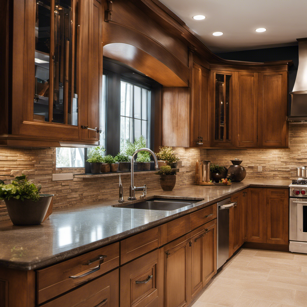 An image showcasing a beautifully renovated kitchen with wood cabinets