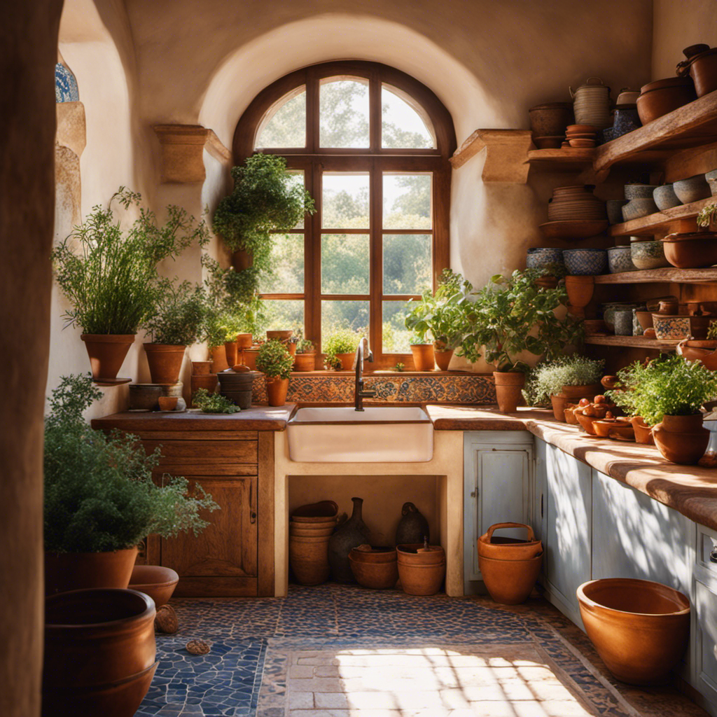An image showcasing a sunlit, rustic kitchen with terracotta tiled floors, hand-painted blue and white mosaic backsplash, a stone farmhouse sink, and an abundance of potted herbs, exuding the charm of a Mediterranean oasis