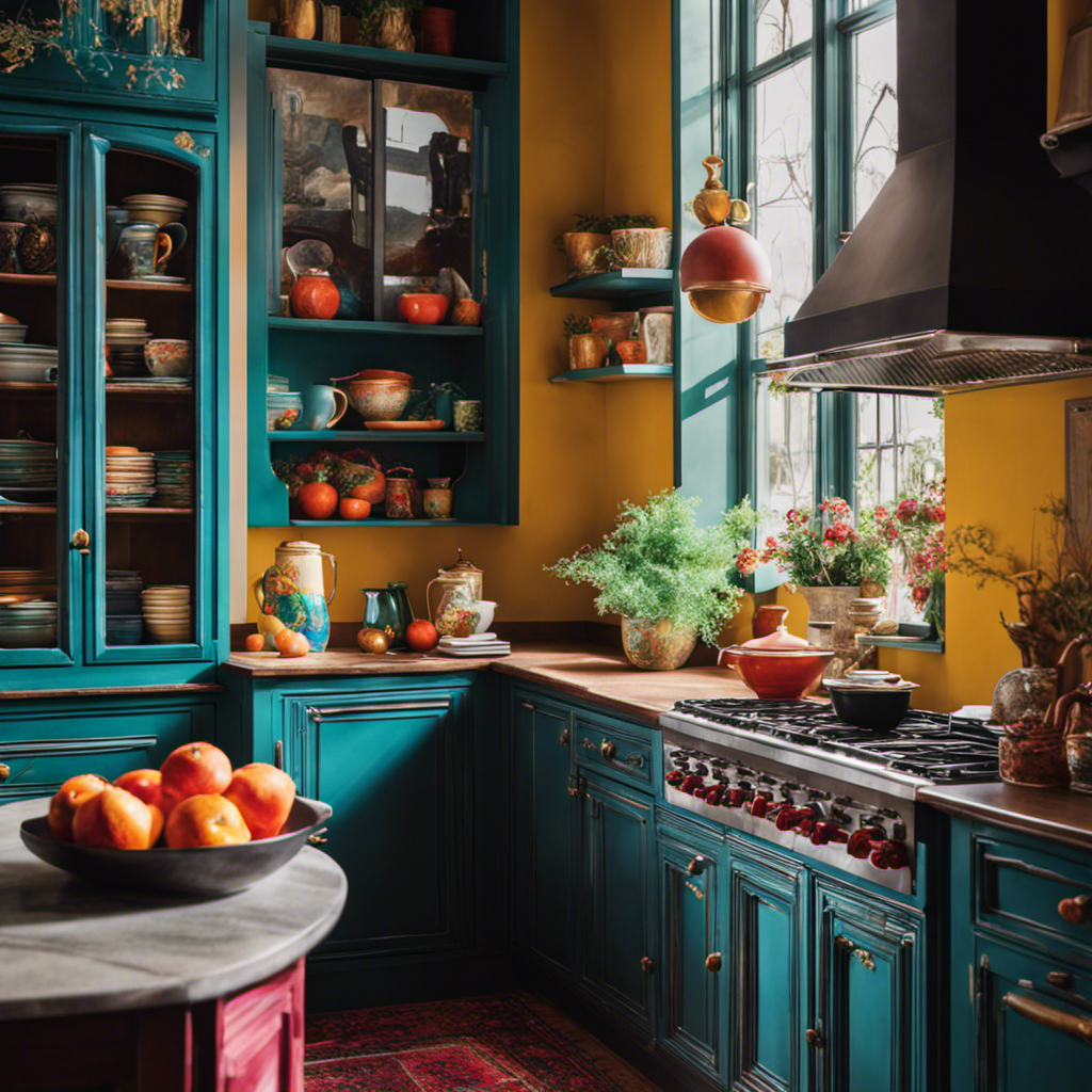 An image that showcases the vivacious charm of hand-painted kitchens with vibrant cabinet interiors