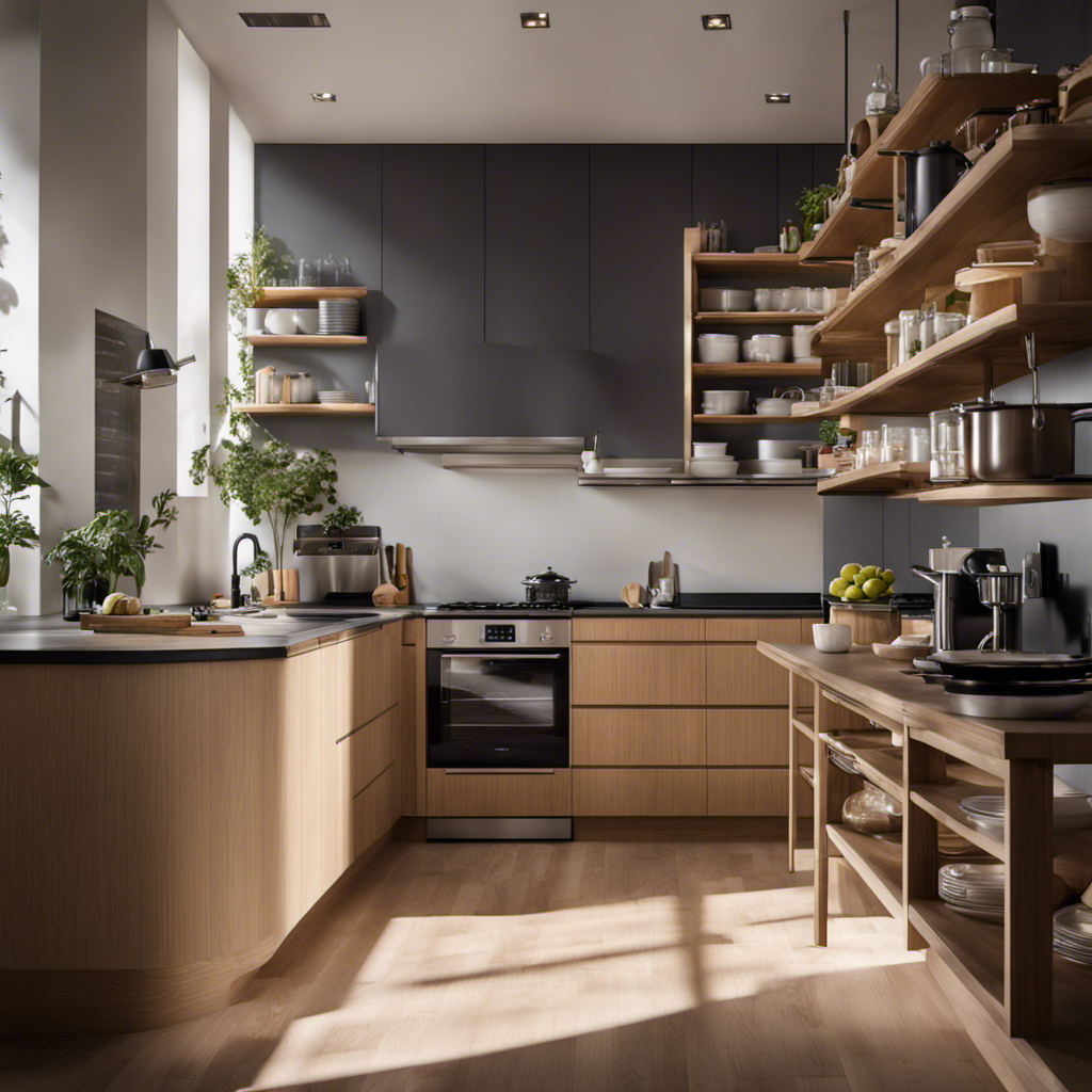 An image showcasing a spacious and well-lit kitchen with a wide, wheelchair-accessible aisle, low countertops with knee spaces, and adjustable shelves, highlighting its user-friendly design for independent cooking and functionality