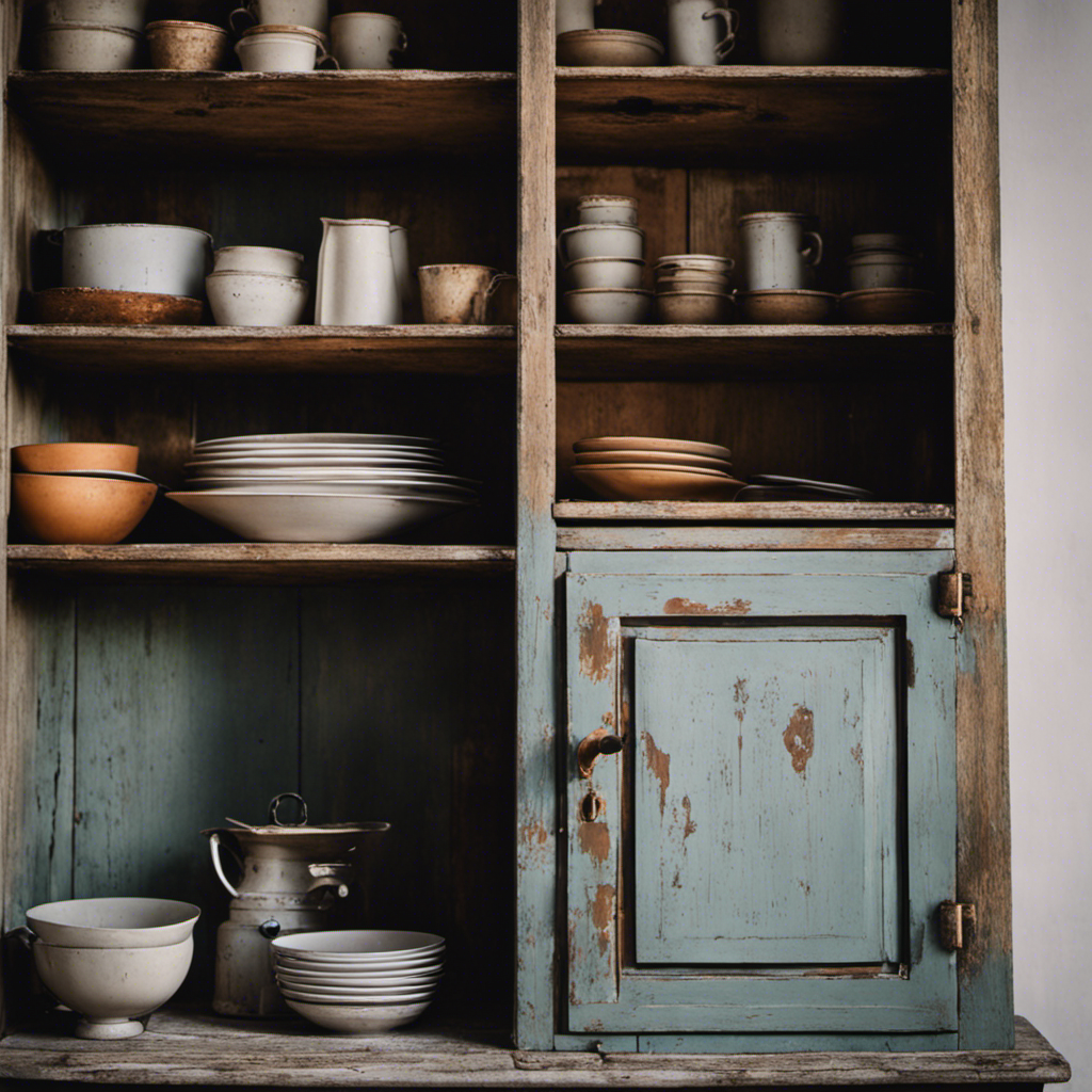 An image showcasing a weathered, vintage-inspired kitchen cupboard