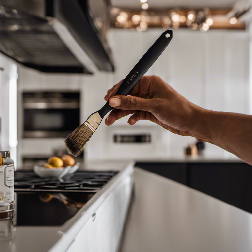 An image showcasing a pair of hands delicately gliding a paintbrush over sleek kitchen cabinets, capturing the seamless strokes and impeccable attention to detail required for achieving a flawless, professional finish