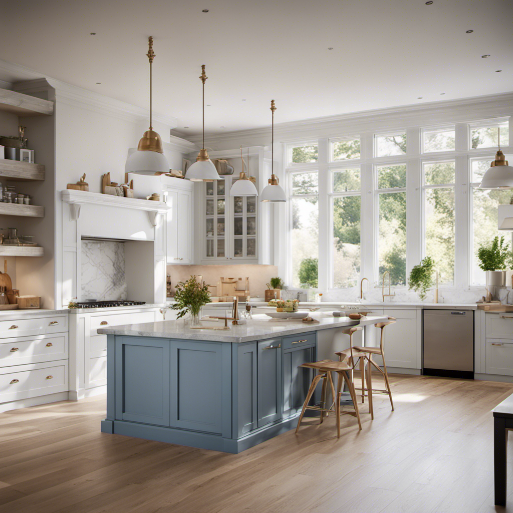 An image showcasing a bright, airy open-plan kitchen with hand-painted cabinets