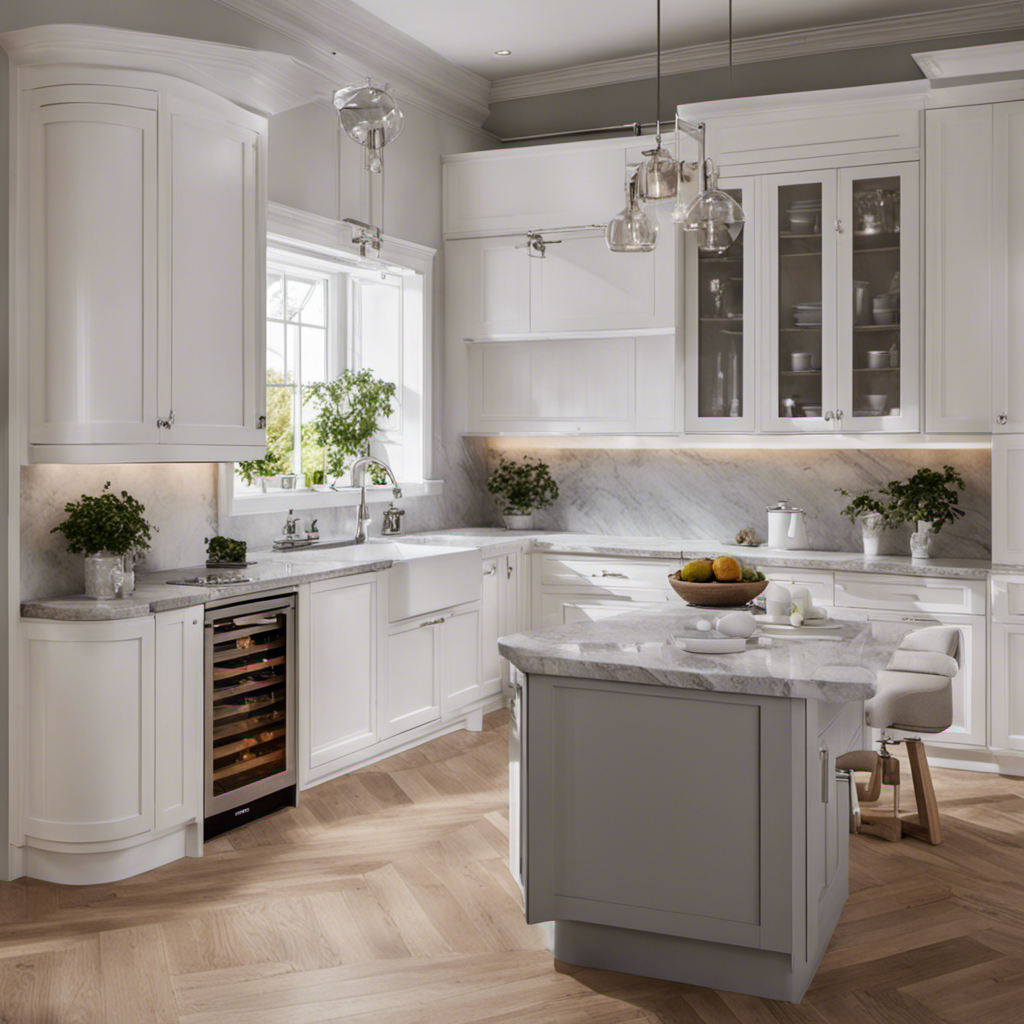 An image showcasing a beautifully designed kitchen with elegant white cupboards, complemented by a soft gray marble countertop and chrome hardware