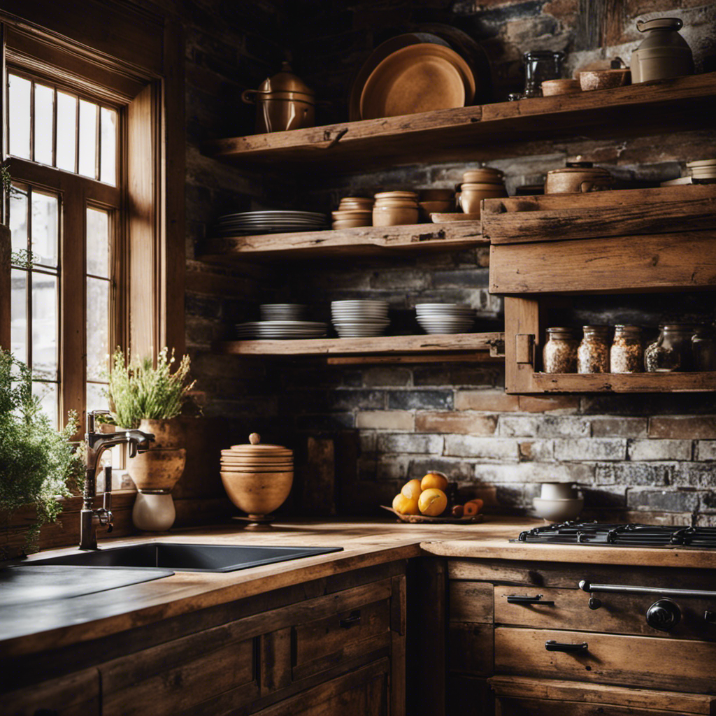 An image showcasing a rustic kitchen with distressed, reclaimed wood cabinets, a marble countertop adorned with a patterned ceramic tile backsplash, and exposed brick walls, evoking warmth and character