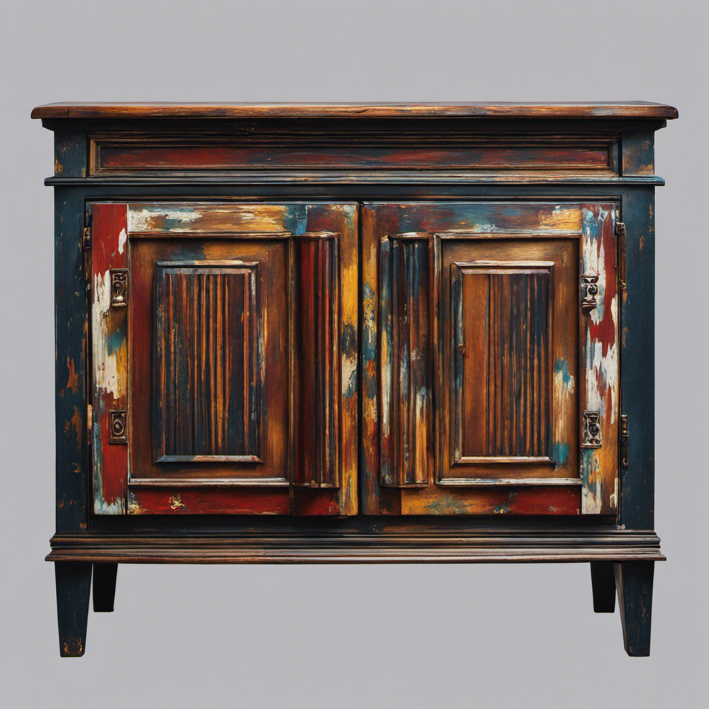 An image showcasing a hand-painted cabinet with uneven brush strokes, drips of paint, and visible brush marks