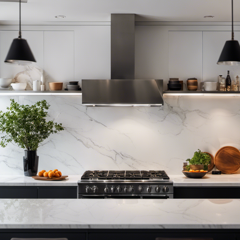 An image showcasing a contemporary kitchen with a sleek stainless-steel backsplash, complemented by glossy white cabinets, marble countertops, and pendant lights, exuding a harmonious blend of modern and elegant design elements