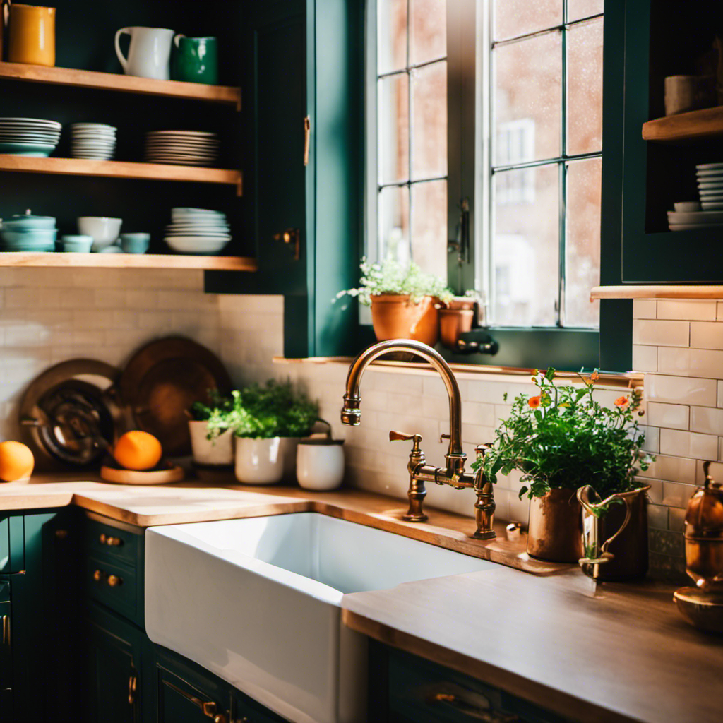 An image of a cozy, hand-painted kitchen with vibrant colors and a farmhouse sink