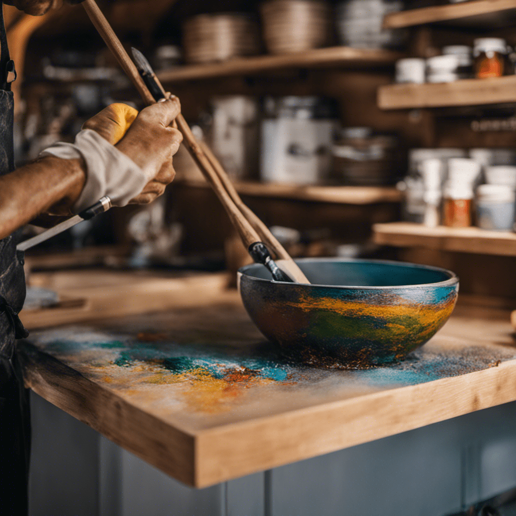 An image showcasing a skilled artisan meticulously hand painting a kitchen cabinet, capturing the delicate brushstrokes, vibrant colors, and seamless finish