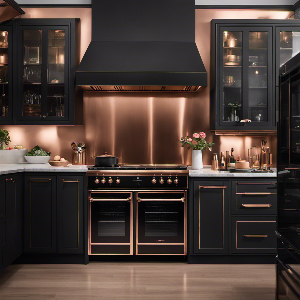 An image showcasing a sleek, modern kitchen with a striking, matte black refrigerator, complemented by a shimmering rose gold oven and a brushed bronze dishwasher – a visual celebration of extraordinary appliance finishes