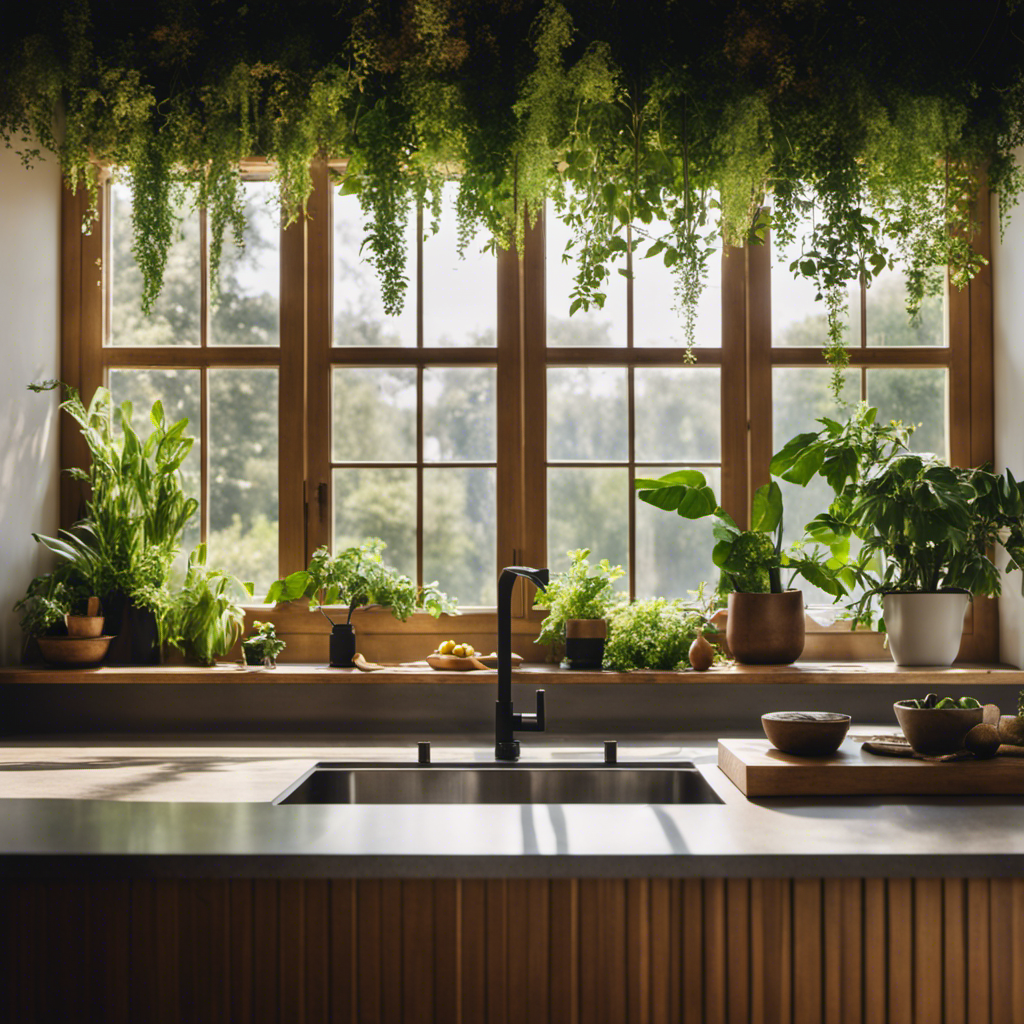 Ting kitchen flooded with natural light, adorned with hanging plants and a stone backsplash