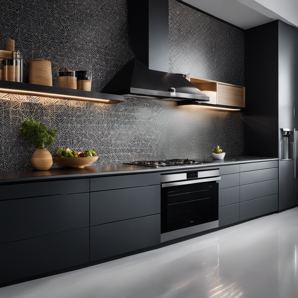 A captivating image featuring a sleek, modern kitchen with a striking, dark-hued backsplash adorned with geometric patterns, contrasting against a pristine white countertop, displaying a stunning interplay of light and shadow