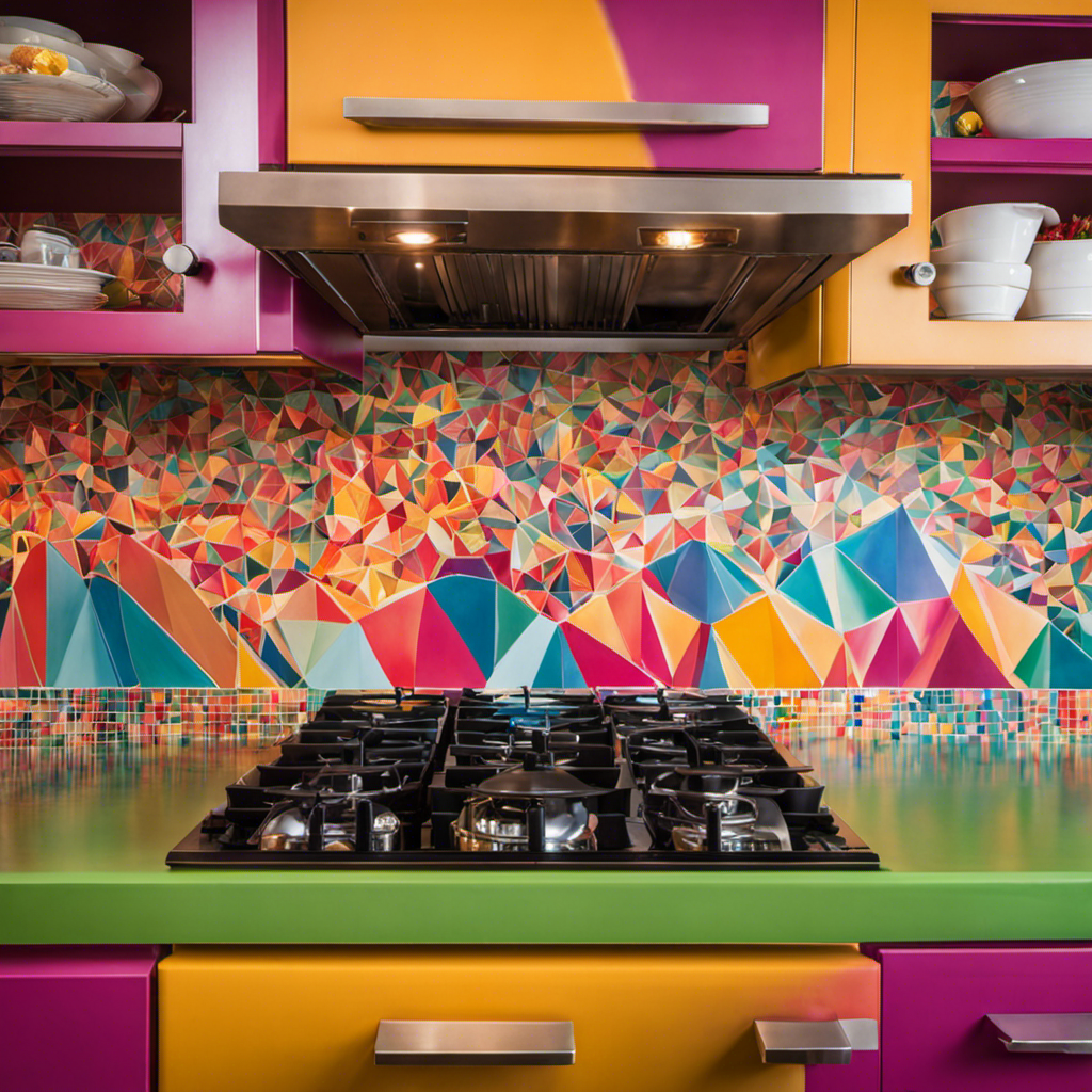  a vibrant kitchen bursting with color: a hand-painted backsplash adorned with intricate geometric patterns, cabinets transformed into playful works of art, and a whimsical mural adding a touch of personality