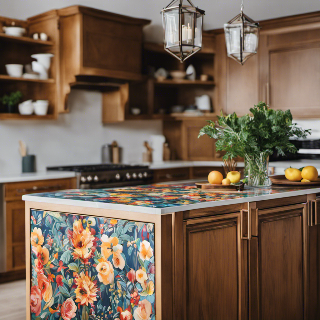 An image showcasing a stylish DIY kitchen island, featuring hand-painted cabinet accents