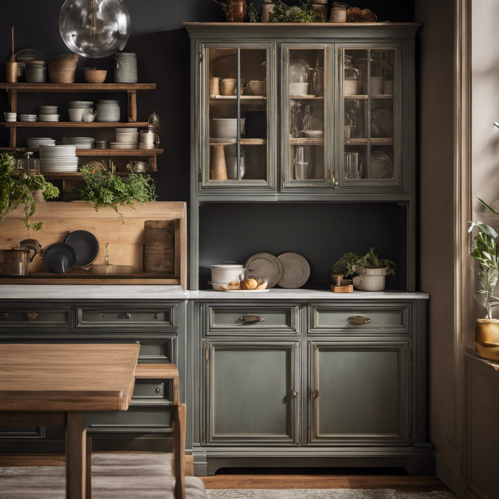 An image showcasing a kitchen cabinet transformation using chalk paint