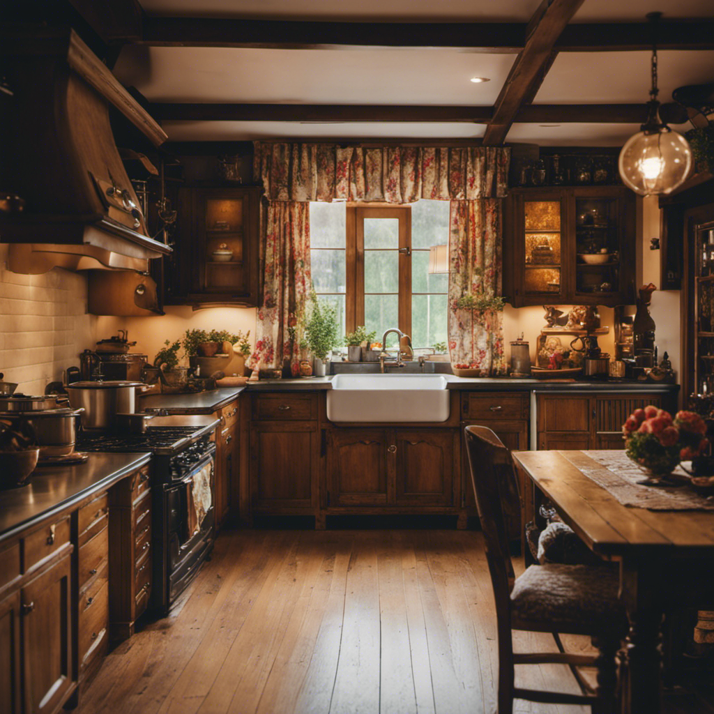Vating image showcasing a cozy vintage kitchen adorned with rustic wooden cabinets, a gleaming retro stove, floral patterned curtains, and a quaint dining area with a classic farmhouse table and mismatched antique chairs