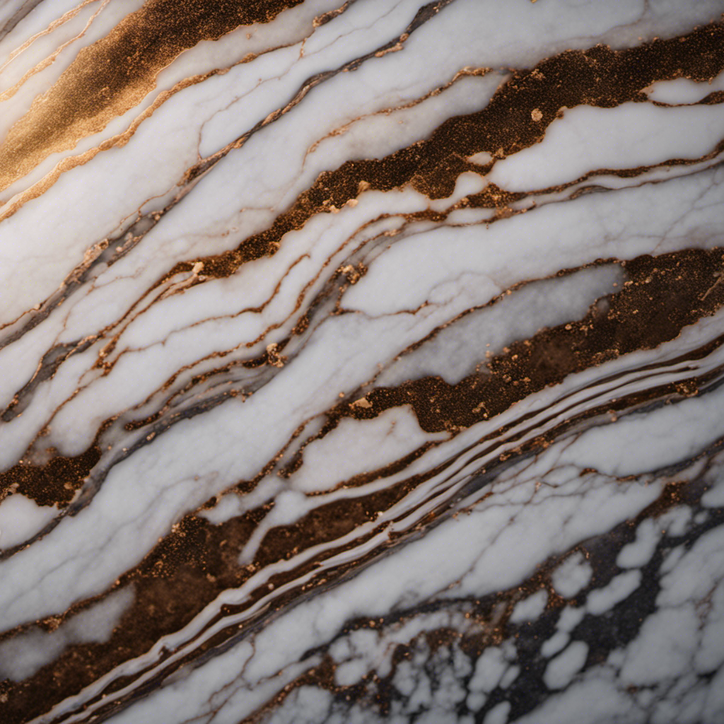 An image showcasing a pristine, glossy marble countertop on one side, with its intricate veins flowing elegantly, while on the other side, a durable granite countertop gleams with its speckled patterns and rich, earthy hues