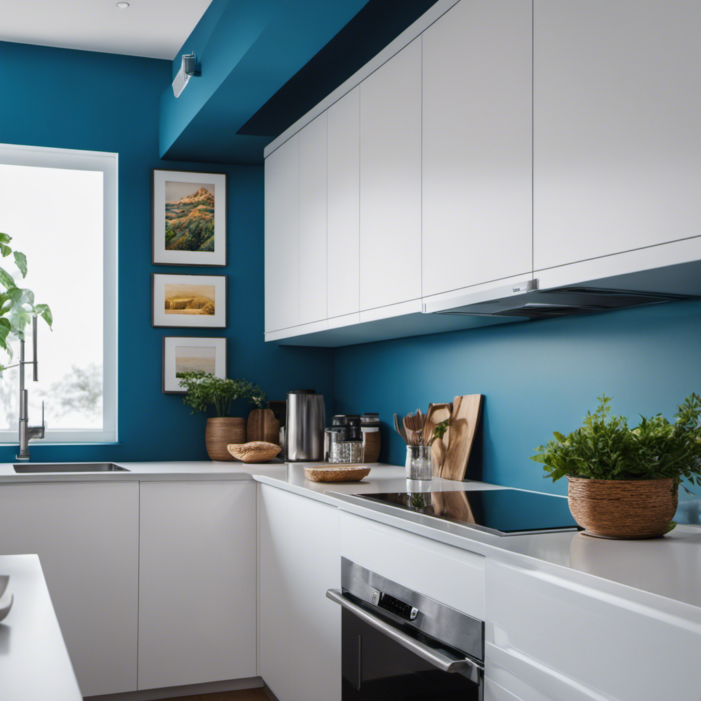 An image showcasing a kitchen with sleek, white cupboards complemented by a vibrant, ocean blue accent wall