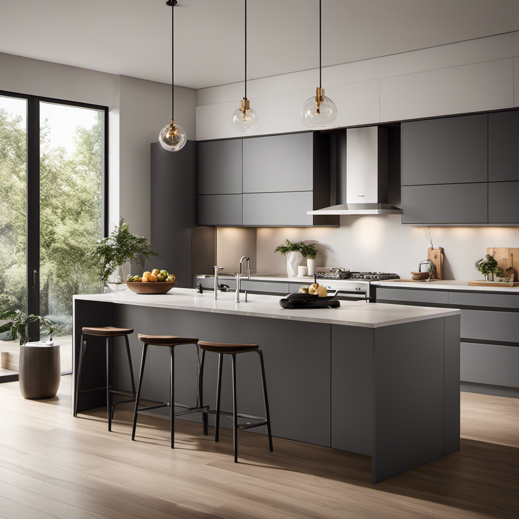 An image showcasing a spacious, well-lit kitchen, with sleek and modern cabinets that effortlessly blend style and functionality