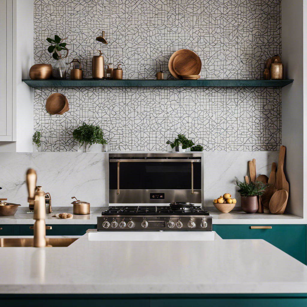 An image showcasing a stunning kitchen with a timeless white color palette, subtly accented by sleek metallic fixtures, juxtaposed with a vibrant, contemporary kitchen featuring bold, richly hued cabinets, complemented by eye-catching geometric patterned tiles