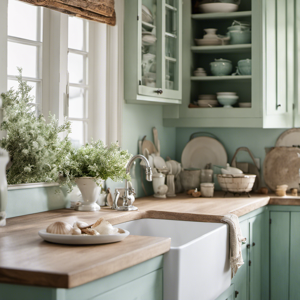 An image showcasing a coastal cottage kitchen, with hand-painted cabinets in soft shades of seafoam green and weathered white