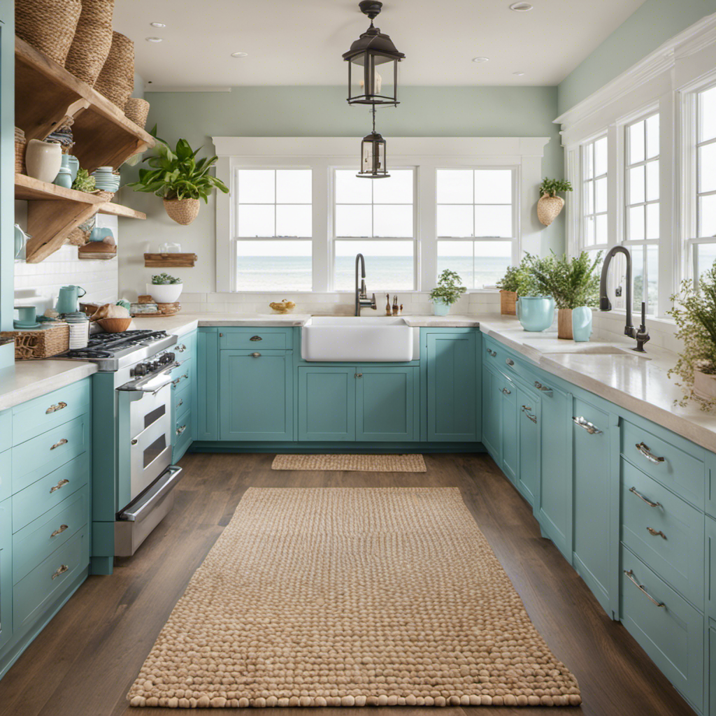 An image showcasing a bright and airy coastal kitchen with turquoise blue cabinetry, white subway tile backsplash, and sandy-hued countertops