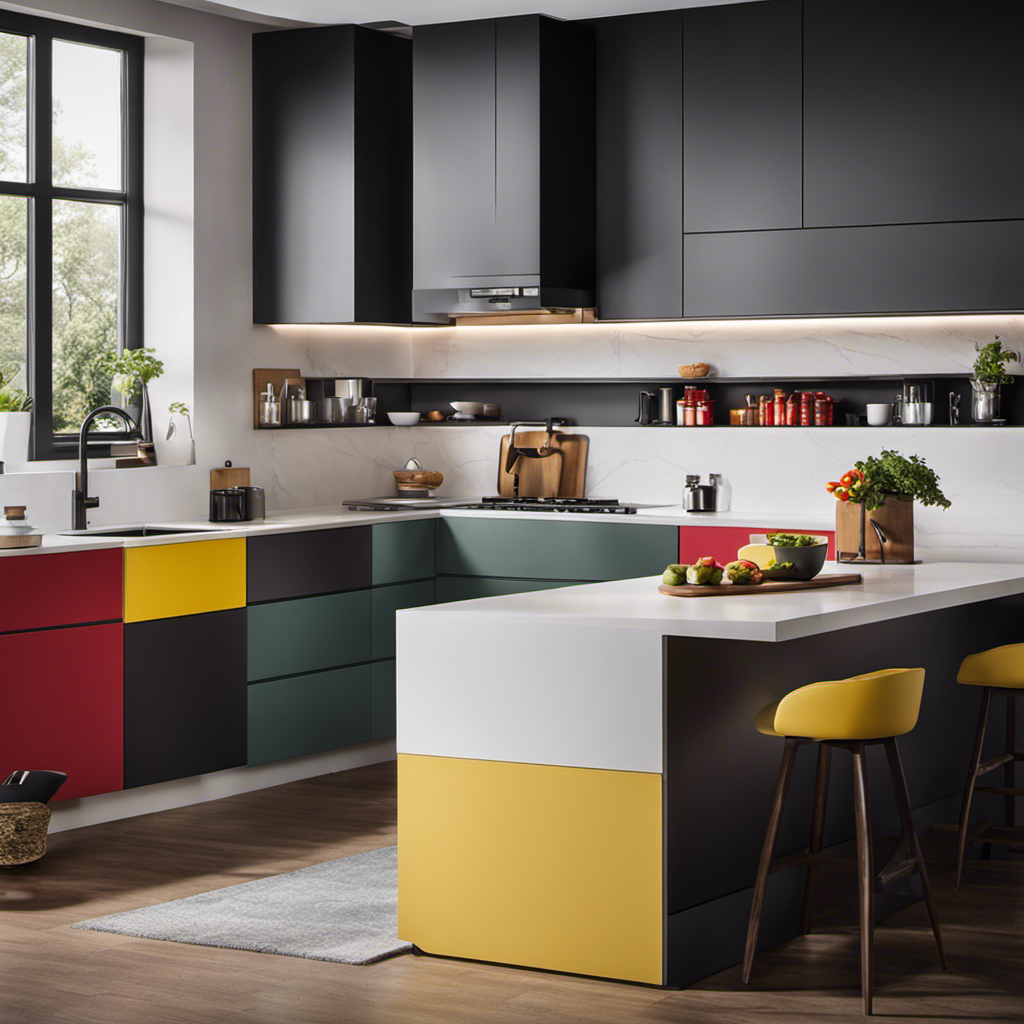 An image showcasing a contemporary kitchen design with color blocking elements