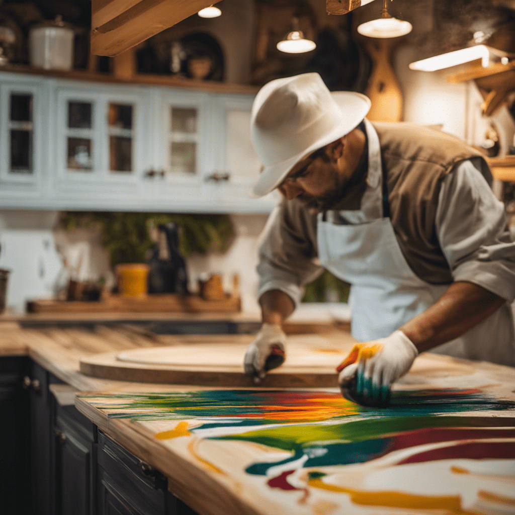 An image showcasing the meticulous process of hand painting kitchen cabinets: a skilled artisan meticulously applying layers of paint, using smooth brushstrokes to achieve a flawless finish, with vibrant colors and intricate details enhancing the overall aesthetic