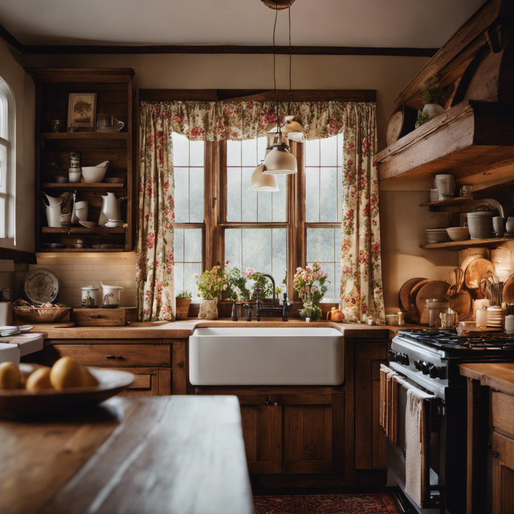 An image capturing the essence of a cozy cottage kitchen, adorned with vintage floral curtains, rustic farmhouse sink, warm wooden countertops, and a crackling fireplace adding a touch of inviting charm