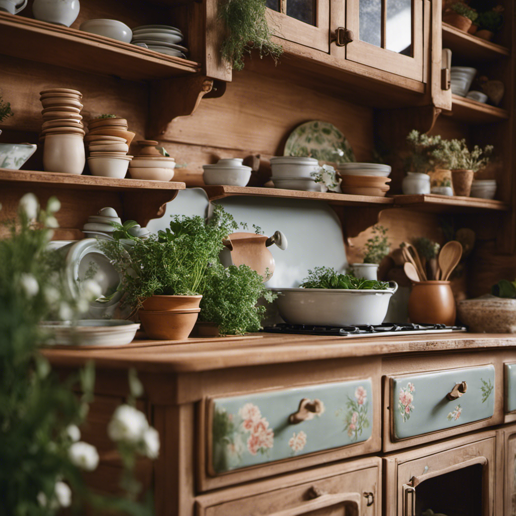 An image showcasing a charming cottagecore kitchen: hand-painted cabinets adorned with delicate floral designs, showcasing vintage ceramic dishes, a rustic farmhouse sink, and an abundance of fresh herbs in rustic clay pots