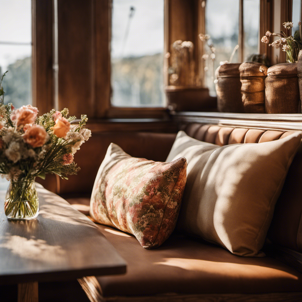 An image showcasing a hand-painted banquette seating, nestled against a sunlit window