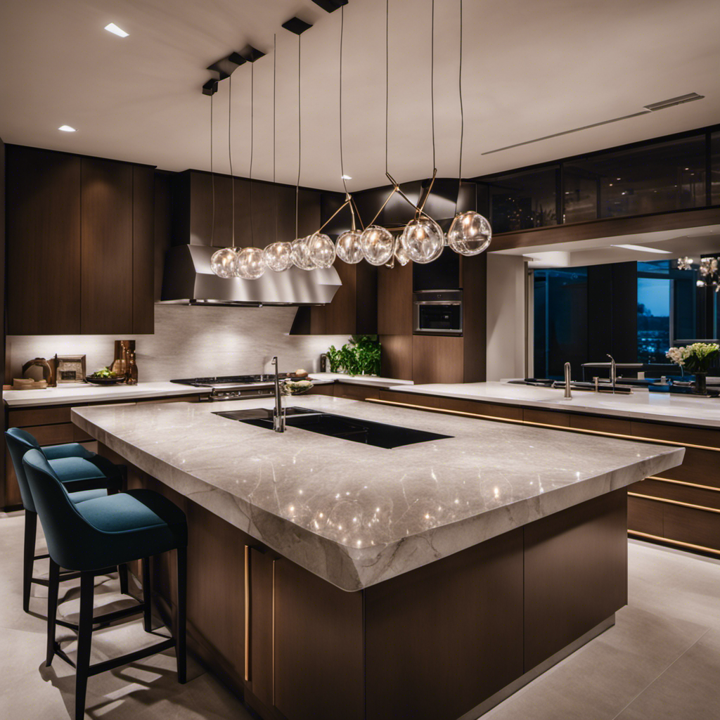 An image showcasing a sleek, contemporary kitchen island design with a unique curved shape, adorned with a gleaming quartz countertop and complemented by chic pendant lights, exuding elegance and functionality