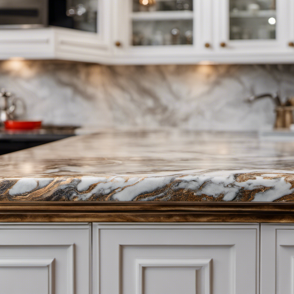 An image showcasing the intricate brushstrokes on a set of re-painted kitchen cabinets, revealing a stunning marble-like texture