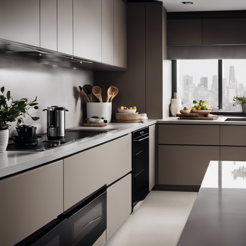 An image showcasing a sleek, clutter-free kitchen with clean lines and a monochromatic color palette
