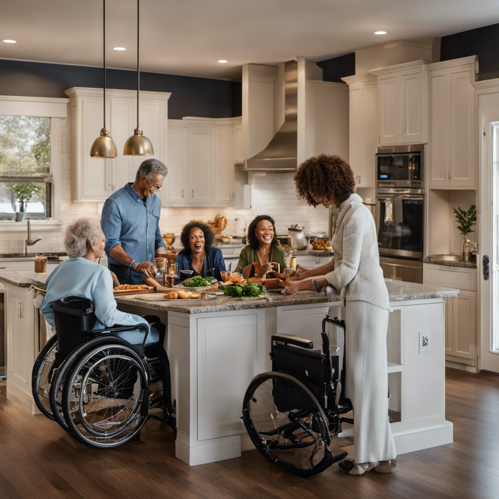 An image showcasing an open-concept kitchen with multiple countertop heights, accessible appliances, and ample space for wheelchair maneuverability
