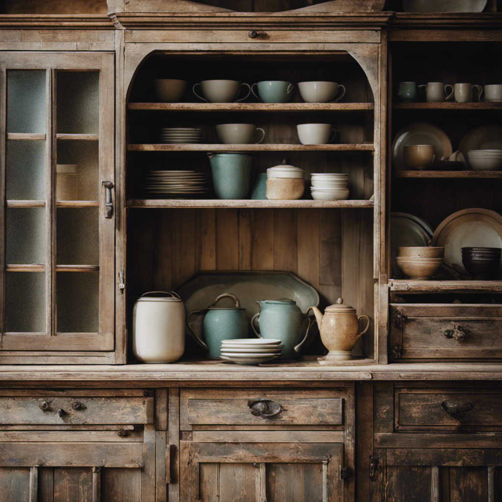 An image featuring a vintage-inspired kitchen cabinet with a distressed finish, showcasing intricate cracks, chipped paint, and worn edges