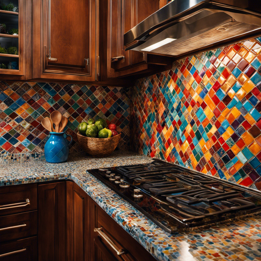 An image showcasing a colorful, mosaic tile backsplash with intricate patterns, complementing the vibrant hand-painted cabinets