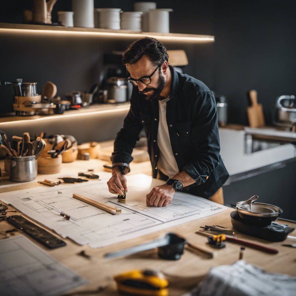 An image featuring a person confidently holding a tape measure while examining a meticulously designed kitchen blueprint, surrounded by a range of professional-grade tools and DIY materials