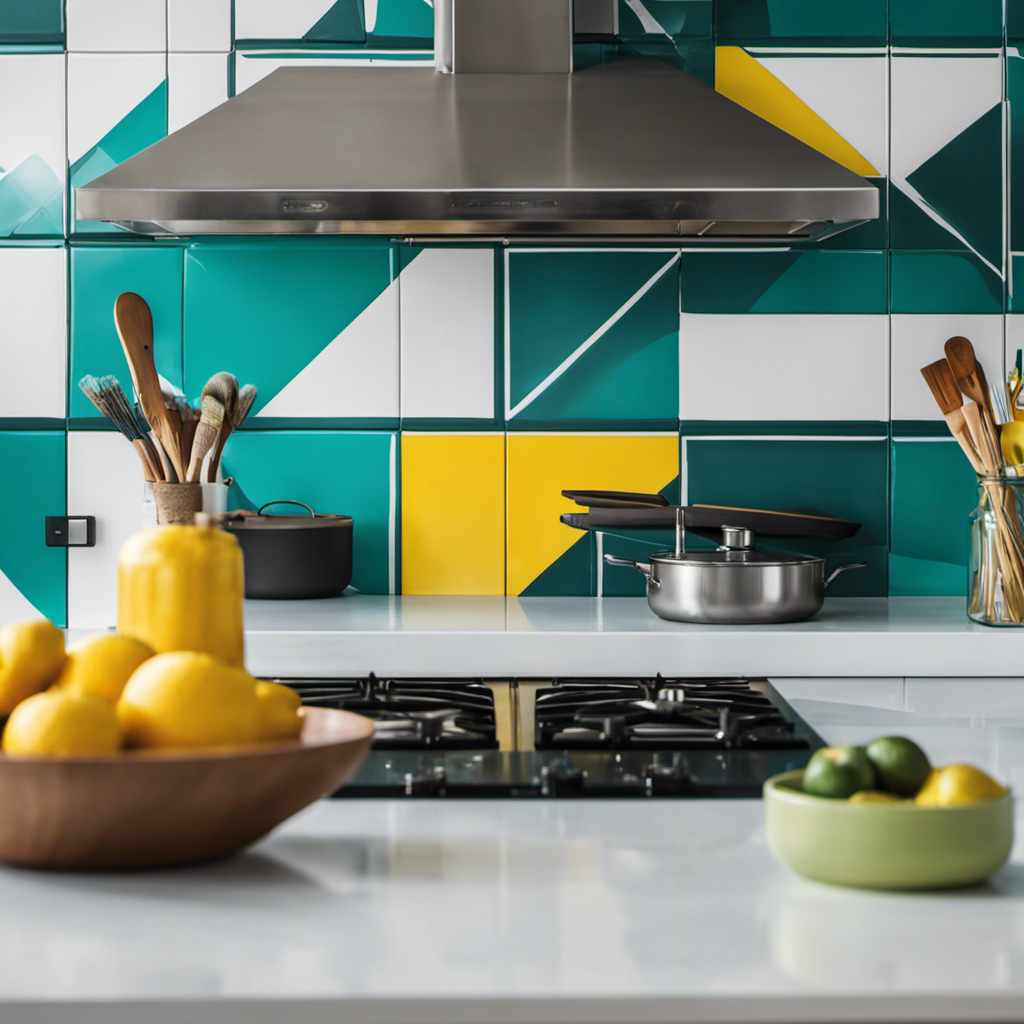 An image featuring a vibrant kitchen with a hand-painted backsplash in a geometric pattern, using bold colors like teal, yellow, and white