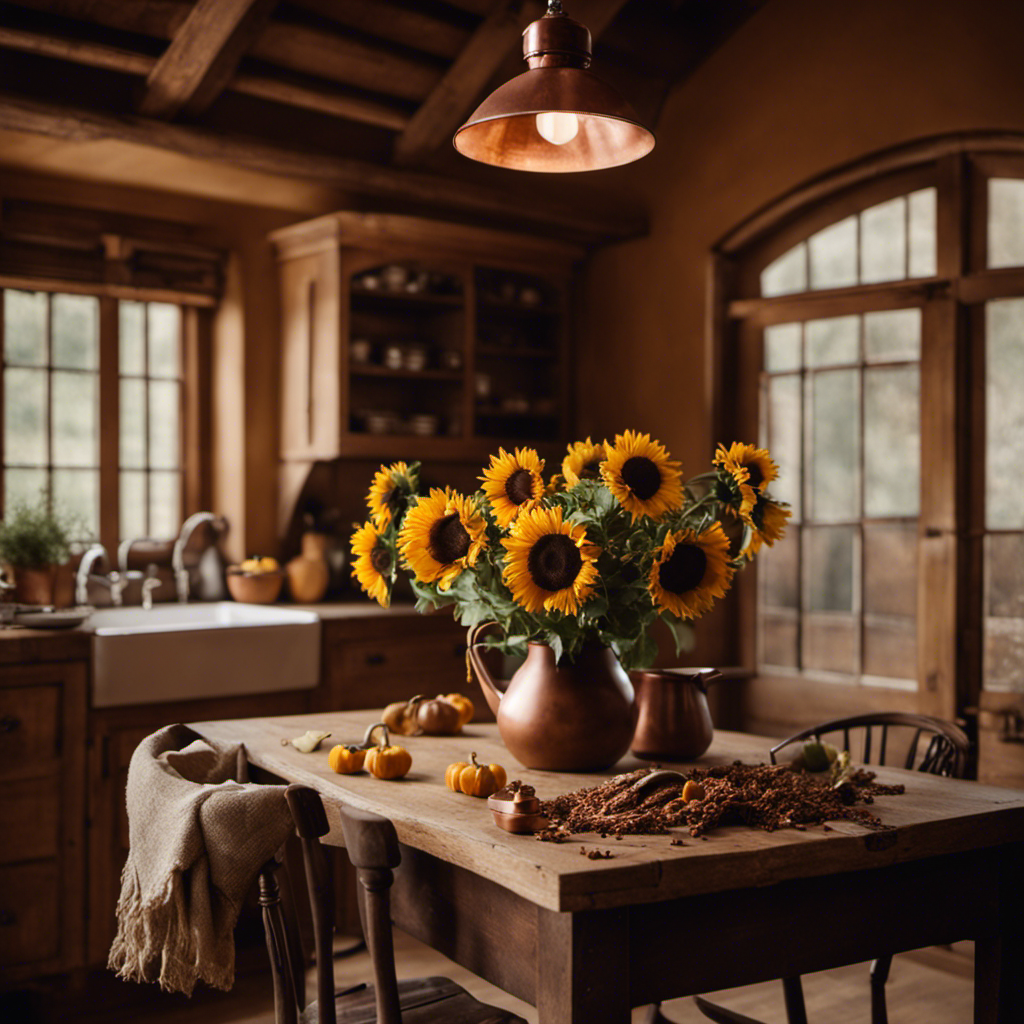 An image showcasing a cozy kitchen with a rustic farmhouse table adorned with a bouquet of dried sunflowers, complemented by earthy-toned walls, weathered wooden shelves, and warm copper cookware