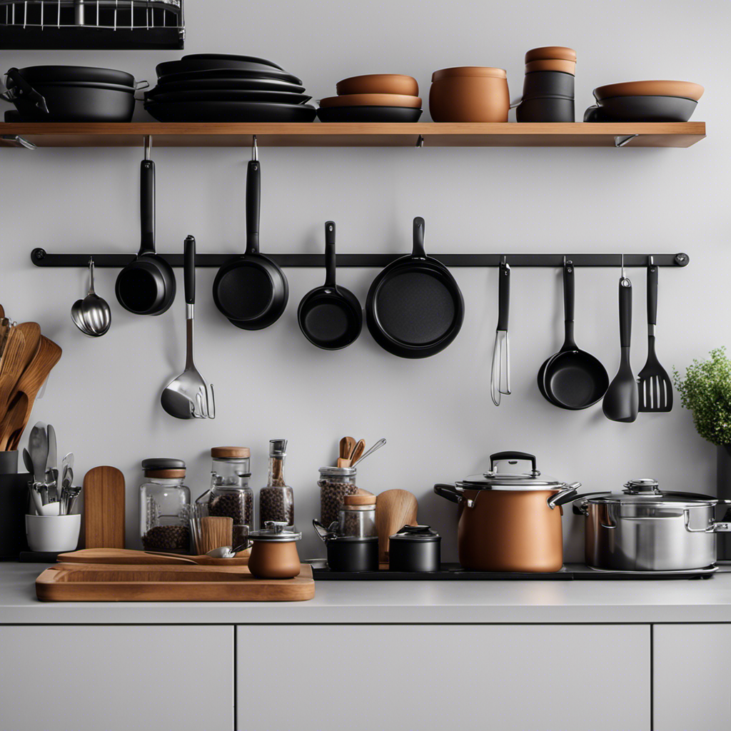An image showcasing a sleek, clutter-free kitchen counter with neatly arranged utensils, pots, and pans hung on a minimalist wall rack