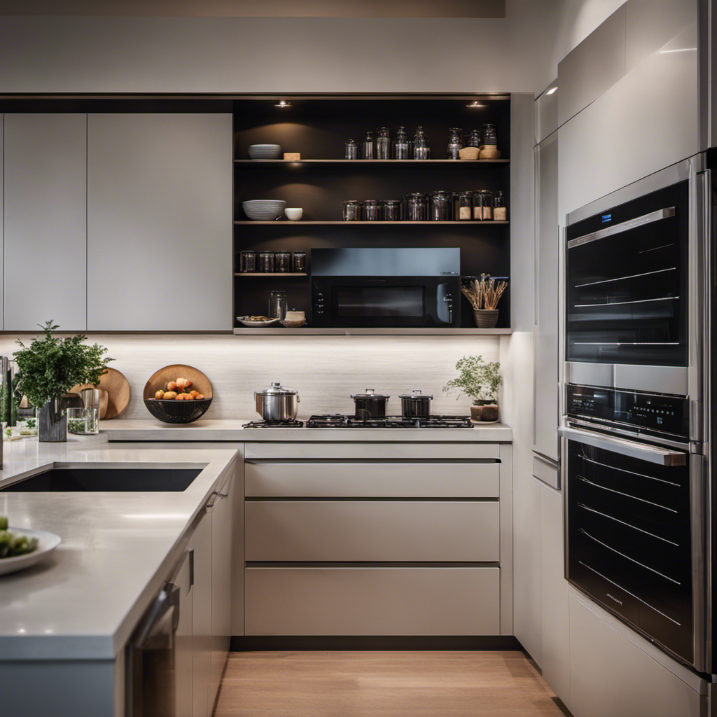 An image showcasing a sleek, modern kitchen with a seamless integration of high-end stainless steel appliances, such as a built-in double oven, a state-of-the-art refrigerator, and a stylish range hood