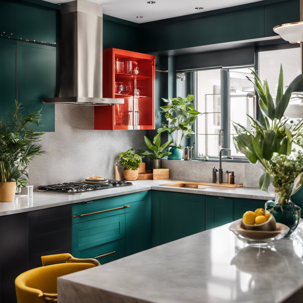 An image showcasing a modern kitchen with hand-painted cabinets in vibrant colors, featuring sleek hardware, clean lines, and open shelving adorned with trendy ceramic dishes and decorative plants