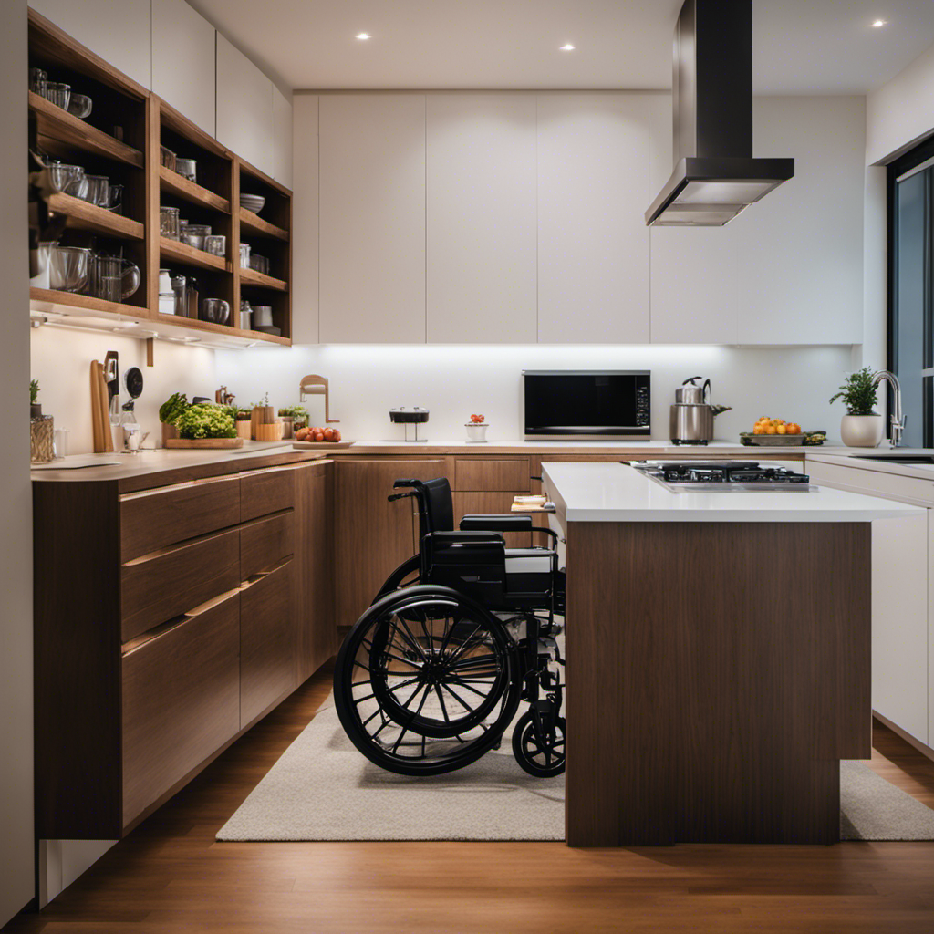 An image showcasing a wheelchair-accessible kitchen with lowered countertops, adjustable shelving, and pull-out drawers
